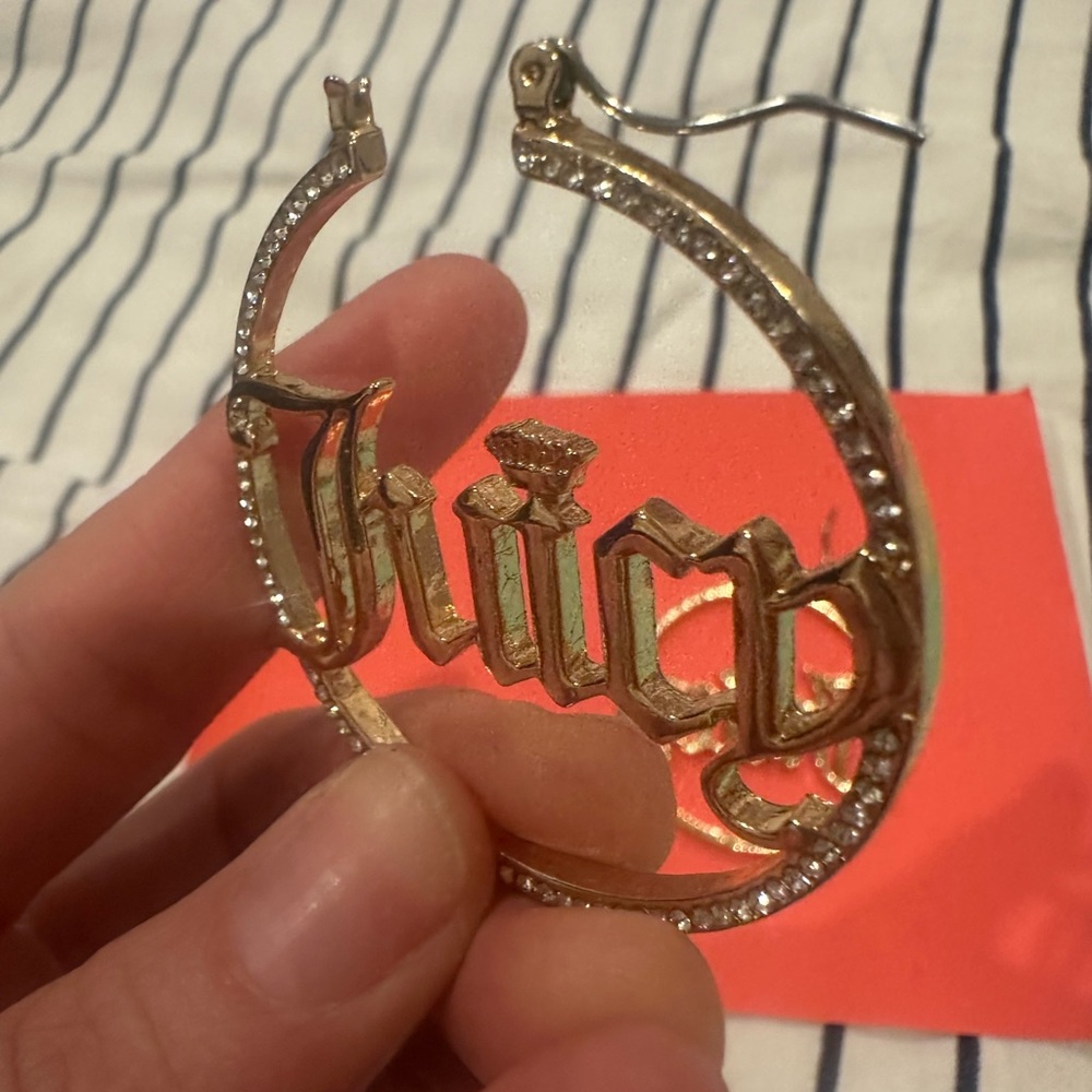 Juicy Couture Gold-Tone Script Nameplate Hoop Earrings with Crystals